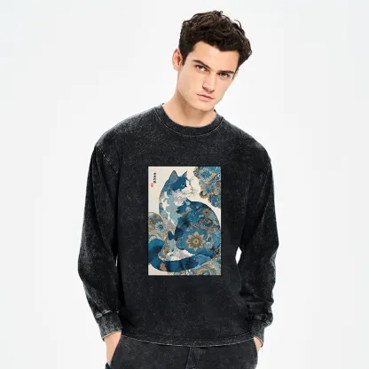 Tokyo-Tiger Japanese Ukiyo-e Flowers Cat Washed Long Sleeve T-Shirt