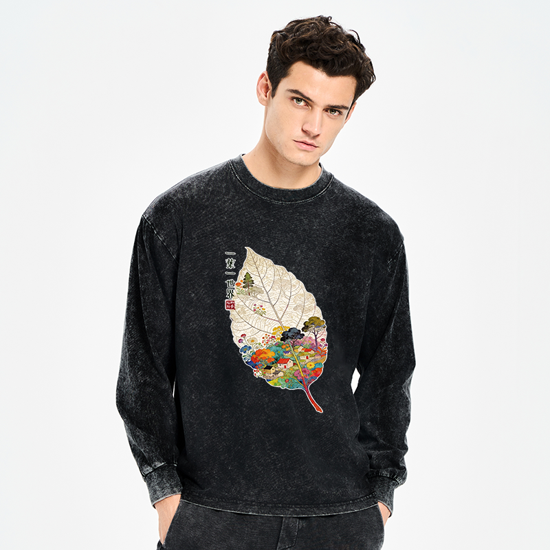 Tokyo-Tiger One Leaf Holds A Tiny Colorful World Washed Long Sleeve T-Shirt