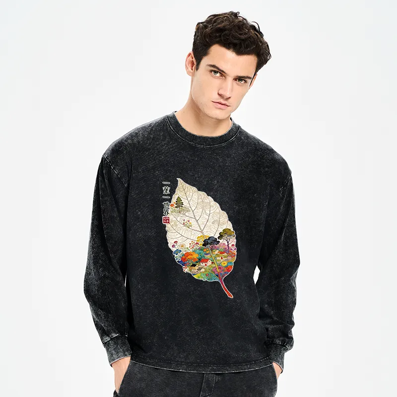 Tokyo-Tiger One Leaf Holds A Tiny Colorful World Washed Long Sleeve T-Shirt
