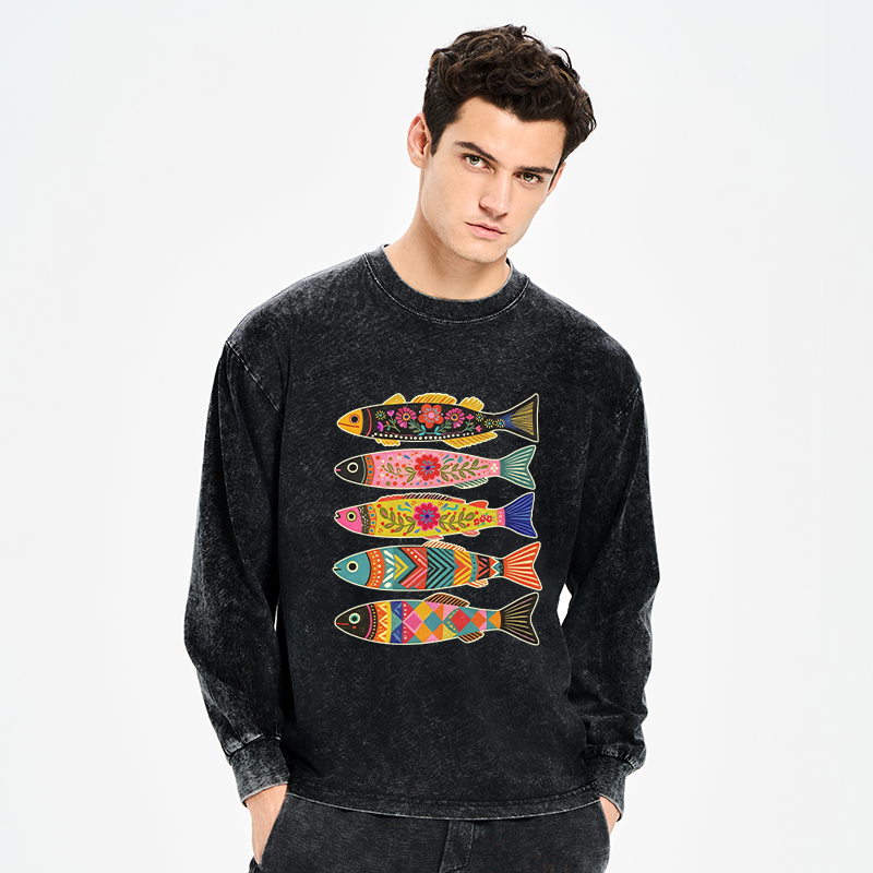 Tokyo-Tiger Colorful Patterned Fish Washed Long Sleeve T-Shirt