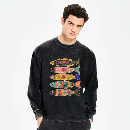 Tokyo-Tiger Colorful Patterned Fish Washed Long Sleeve T-Shirt