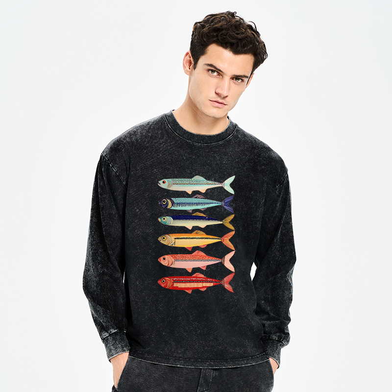 Tokyo-Tiger Colorful Fish Stack Washed Long Sleeve T-Shirt