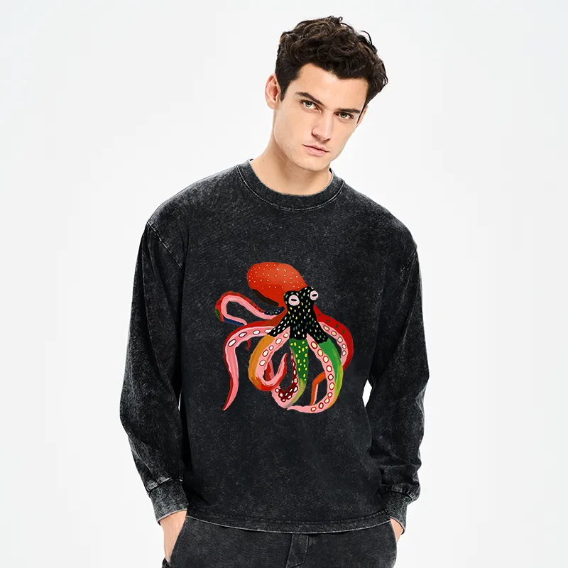 Tokyo-Tiger Colorful Octopus Art Washed Long Sleeve T-Shirt