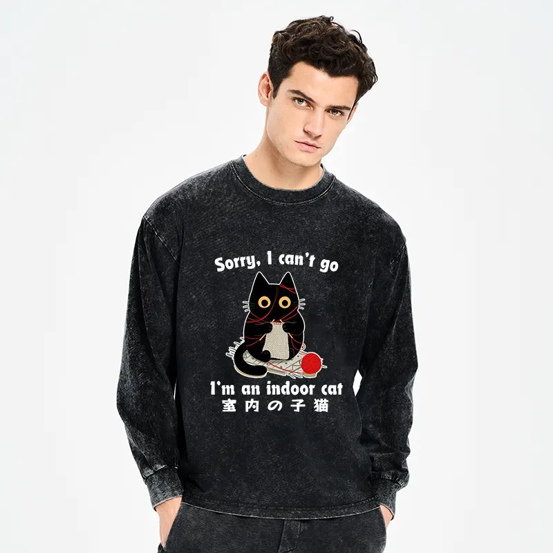 Tokyo-Tiger Indoor Cat Meme Washed Long Sleeve T-Shirt