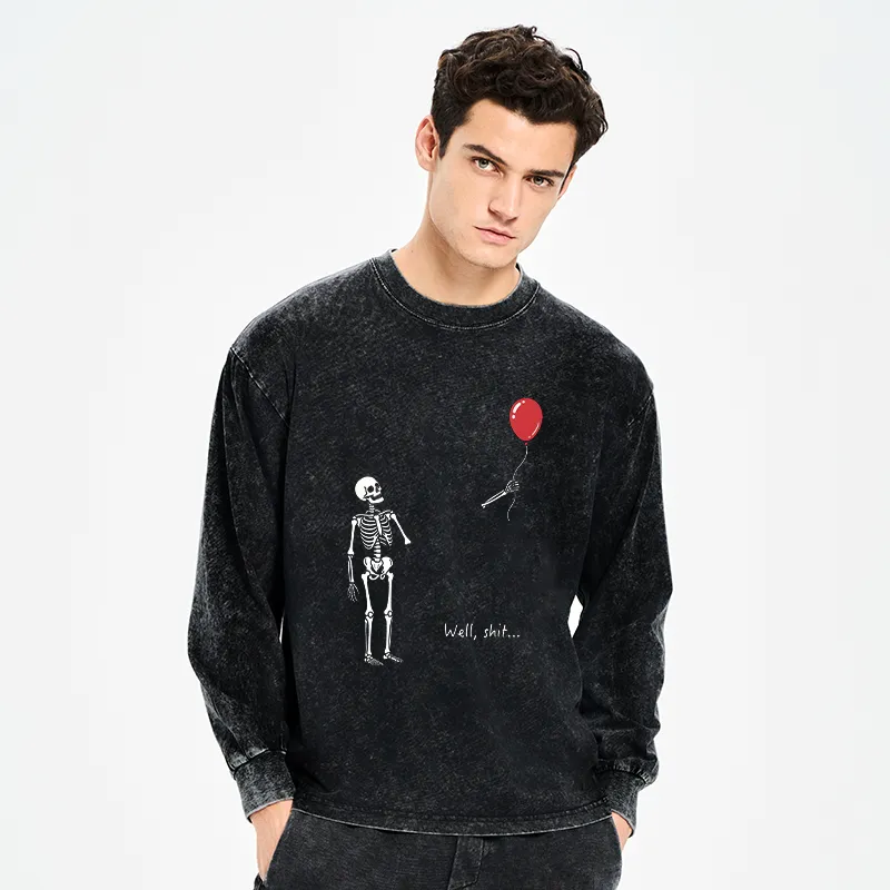 Tokyo-Tiger Skeleton Balloon Meme Washed Long Sleeve T-Shirt