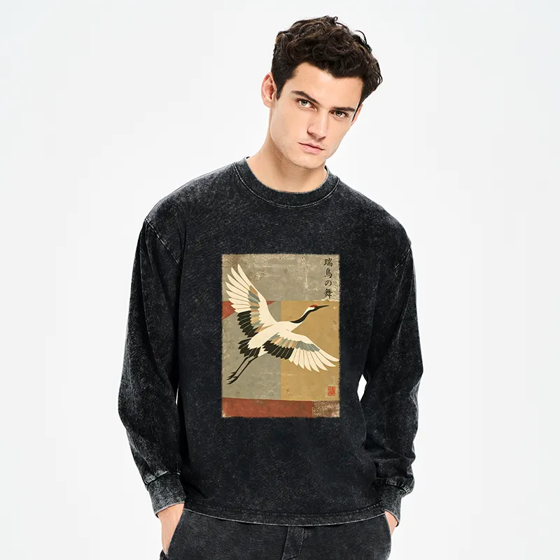 Tokyo-Tiger Crane Spirit Washed Long Sleeve T-Shirt