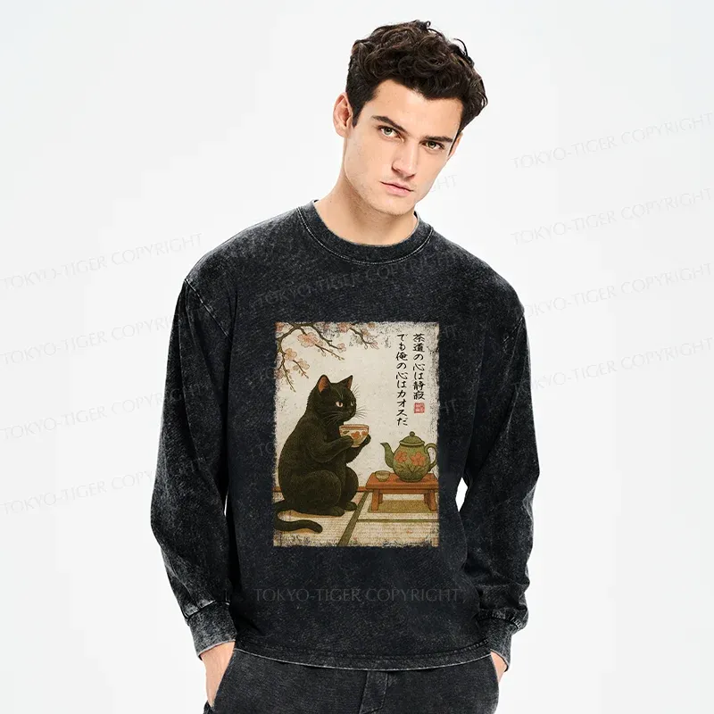 Tokyo-Tiger Tea Time With A Black Cat Washed Long Sleeve T-Shirt