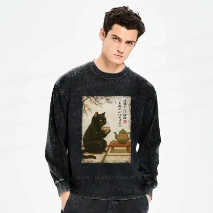 Tokyo-Tiger Tea Time With A Black Cat Washed Long Sleeve T-Shirt
