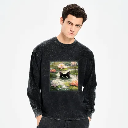 Tokyo-Tiger Black Cat and Lotus Flower Washed Long Sleeve T-Shirt