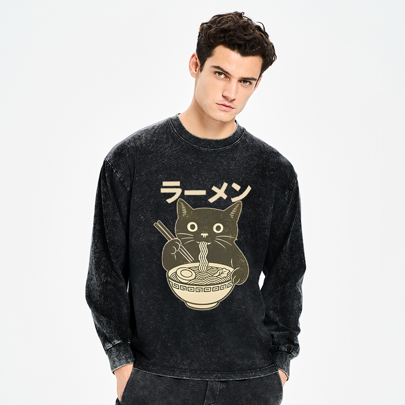 Tokyo-Tiger Simple Black Cat Eating Ramen Washed Long Sleeve T-Shirt