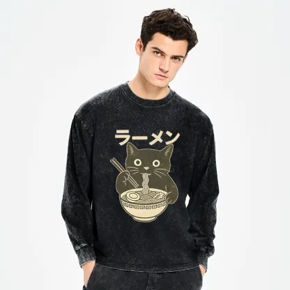 Tokyo-Tiger Simple Black Cat Eating Ramen Washed Long Sleeve T-Shirt
