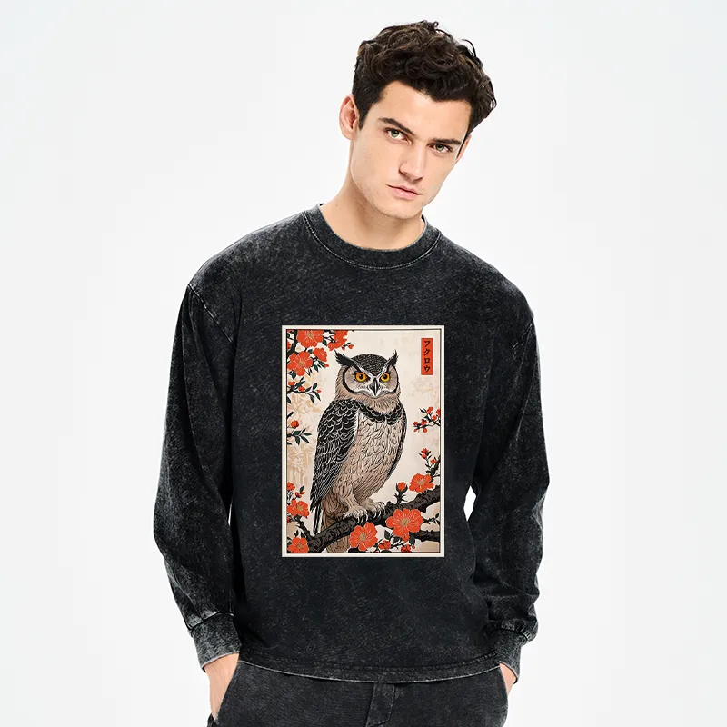 Tokyo-Tiger Vintage Japanese Owl Washed Long Sleeve T-Shirt