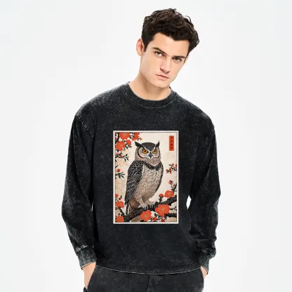 Tokyo-Tiger Vintage Japanese Owl Washed Long Sleeve T-Shirt