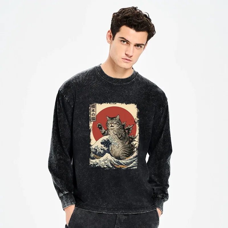 Tokyo-Tiger Catzilla Is Causing Destruction Washed Long Sleeve T-Shirt