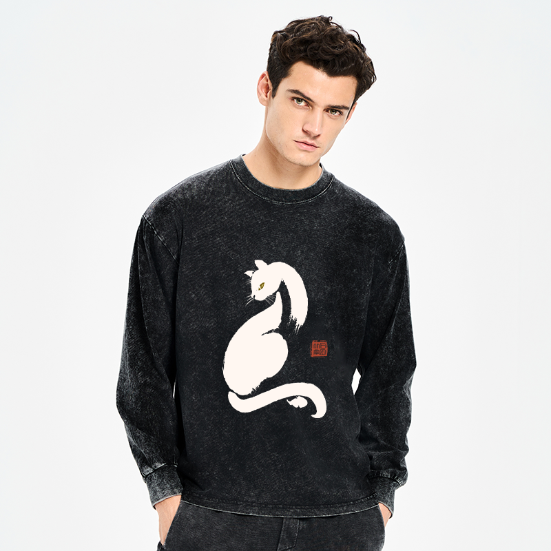 Tokyo-Tiger Elegant Black Cat Japan Washed Long Sleeve T-Shirt