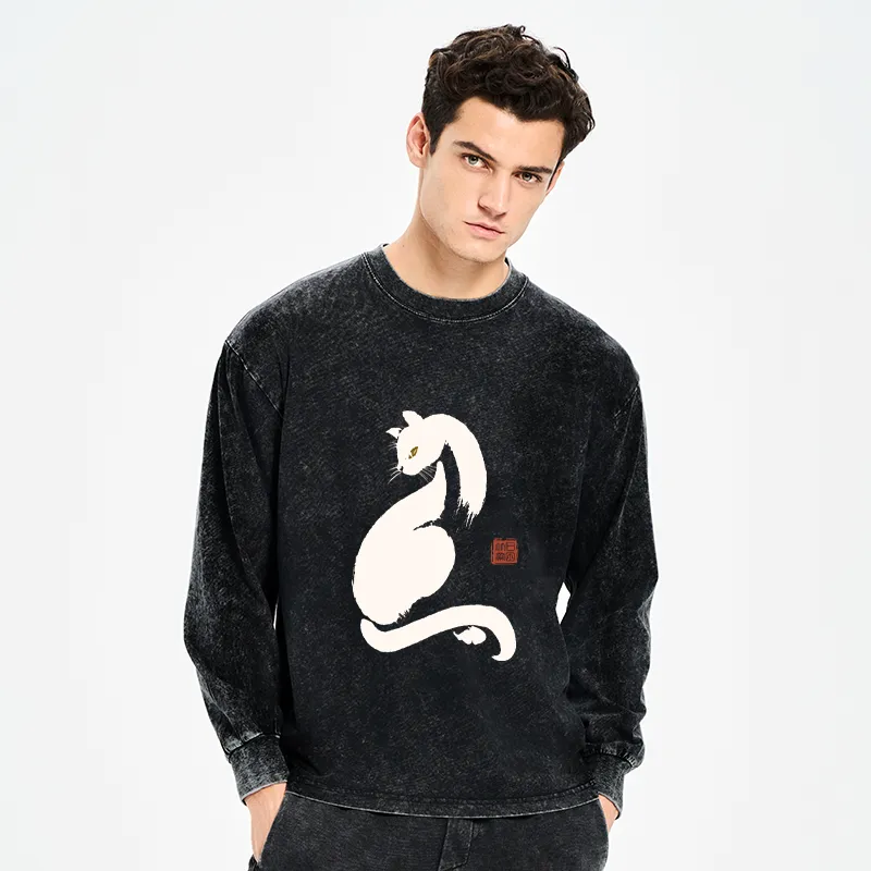 Tokyo-Tiger Elegant Black Cat Japan Washed Long Sleeve T-Shirt