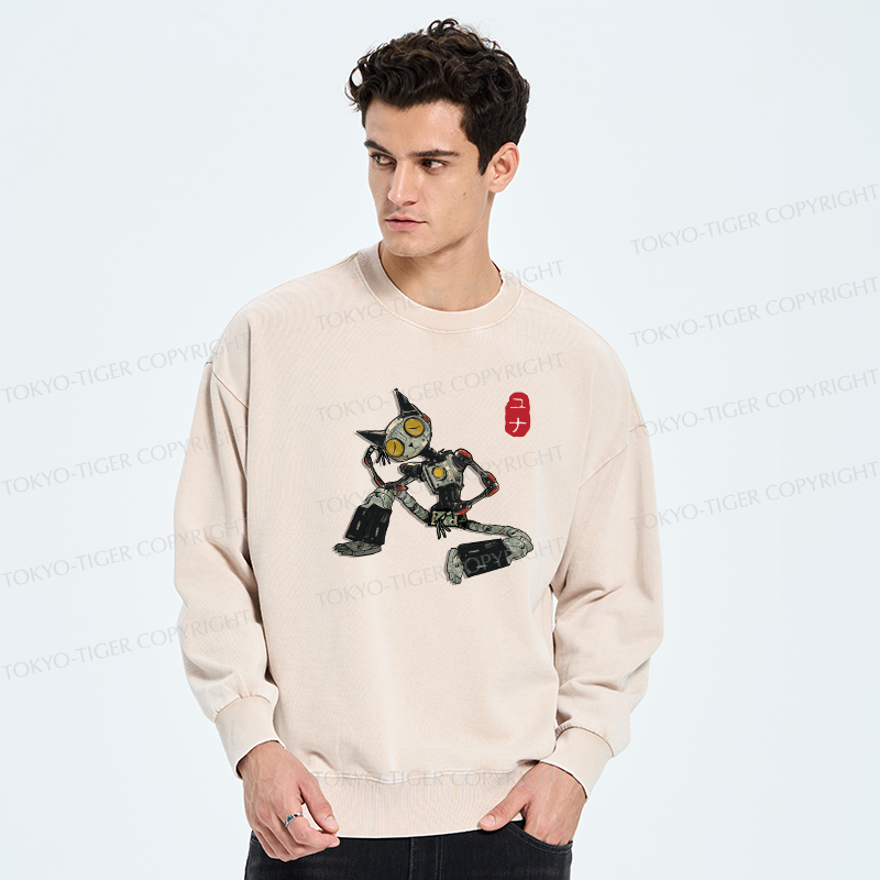 Tokyo-Tiger Contemplative Robot Cat Washed Sweatshirt