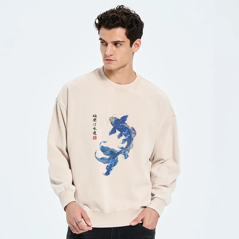 Tokyo-Tiger Lucky Blue Koi Fish Art Washed Sweatshirt