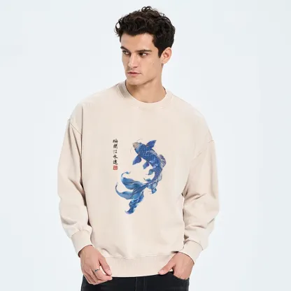 Tokyo-Tiger Lucky Blue Koi Fish Art Washed Sweatshirt