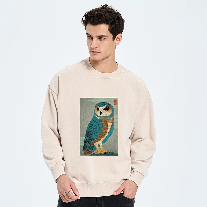 Tokyo-Tiger Vintage Owl Woodblock Art Washed Sweatshirt