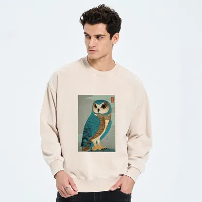 Tokyo-Tiger Vintage Owl Woodblock Art Washed Sweatshirt