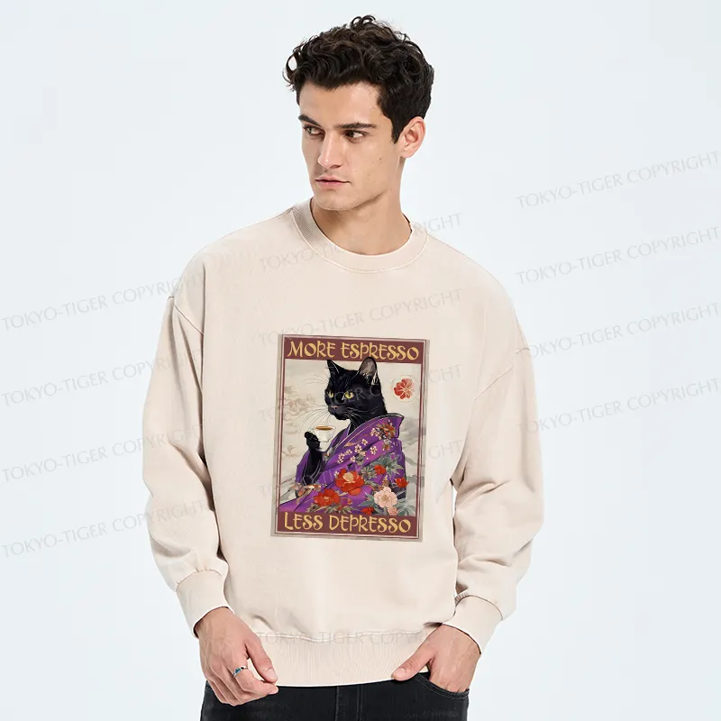 Tokyo-Tiger Japanese Cat Drinking Coffee Washed Sweatshirt