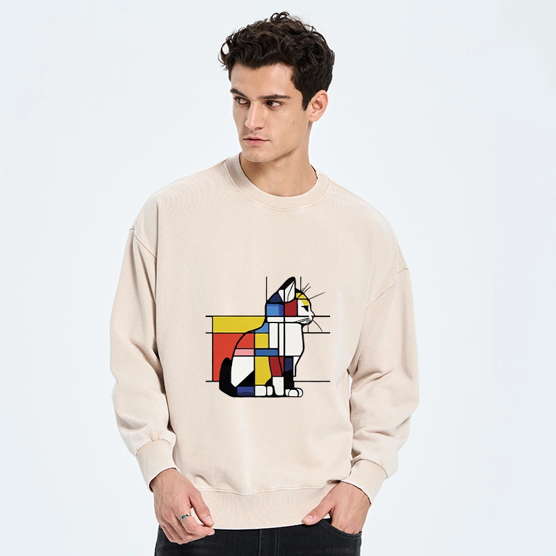 Tokyo-Tiger Geometric Cat Art In Primary Colors Washed Sweatshirt