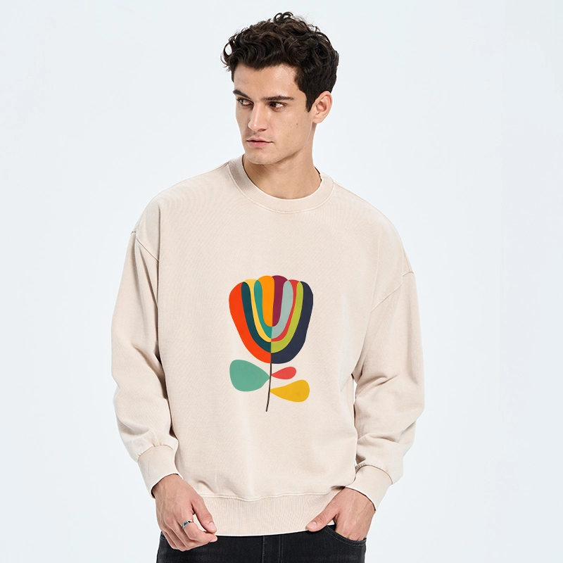 Tokyo-Tiger Colorful Flower Minimalist Print Washed Sweatshirt