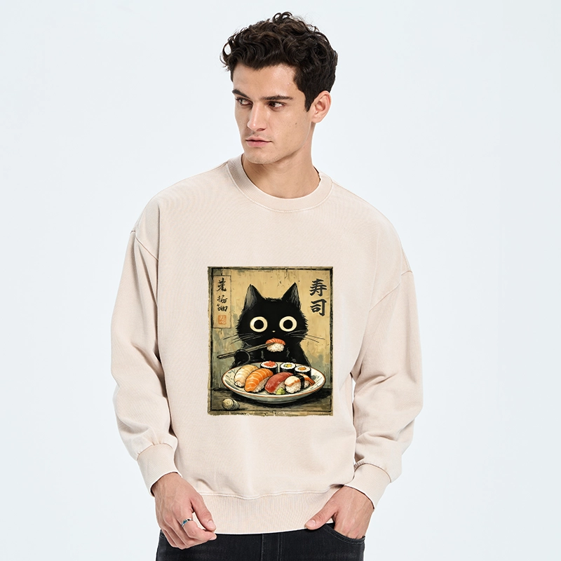 Tokyo-Tiger Vintage Japanese Sushi Cat Washed Sweatshirt