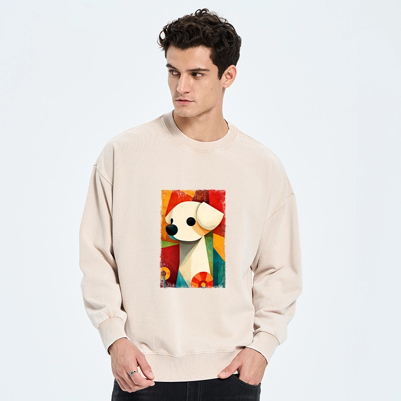 Tokyo-Tiger Retro Abstract Color Block Puppy Art Washed Sweatshirt