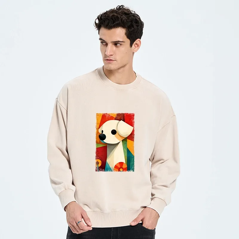 Tokyo-Tiger Retro Abstract Color Block Puppy Art Washed Sweatshirt