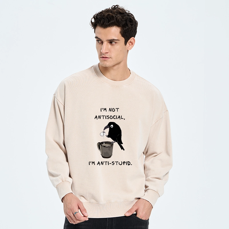 Tokyo-Tiger Cool Crow Sips Calm Coffee Alone Washed Sweatshirt