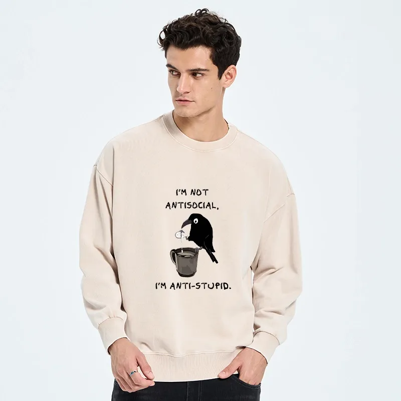 Tokyo-Tiger Cool Crow Sips Calm Coffee Alone Washed Sweatshirt