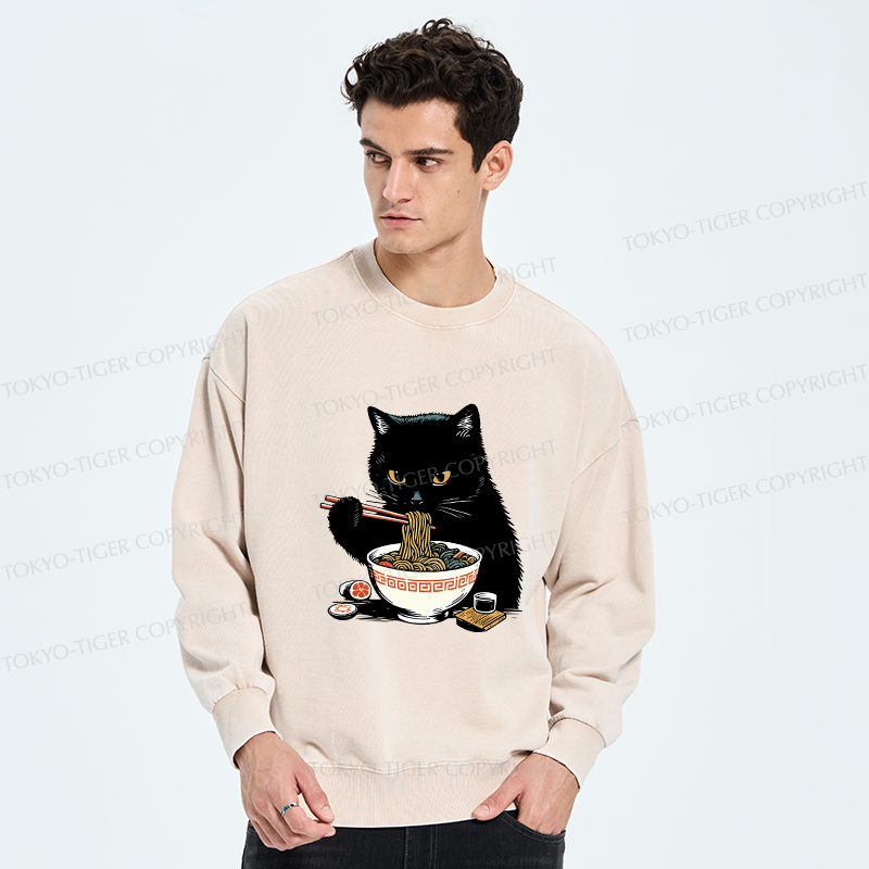 Tokyo-Tiger Cat Eating Favorite Ramen Washed Sweatshirt