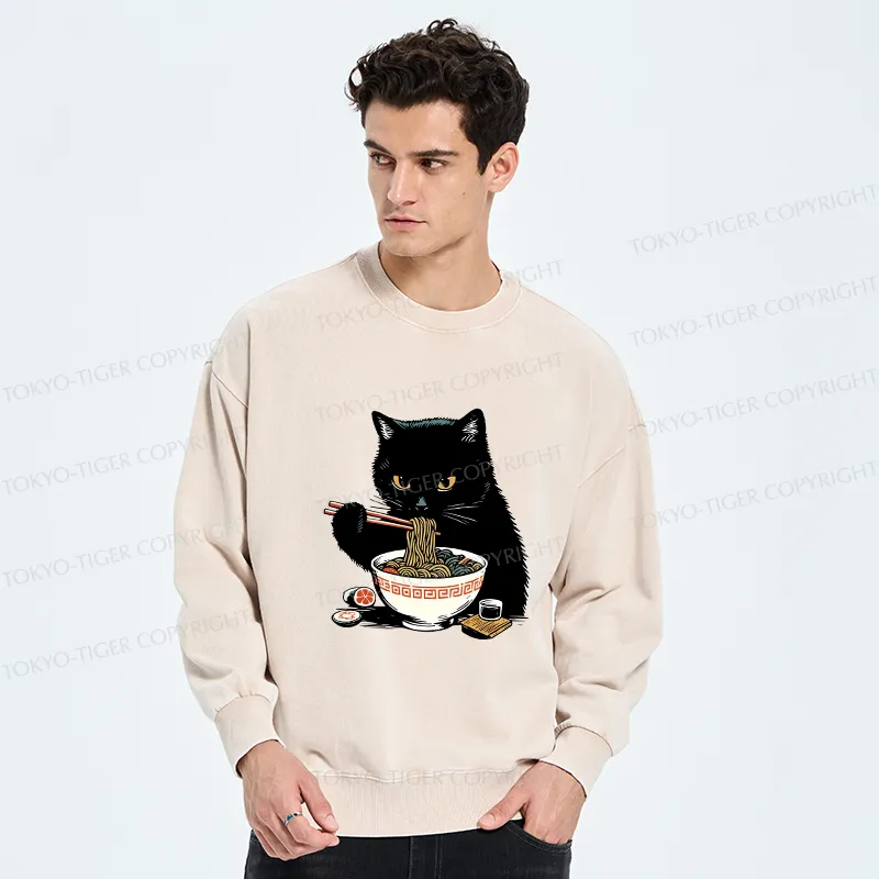 Tokyo-Tiger Cat Eating Favorite Ramen Washed Sweatshirt