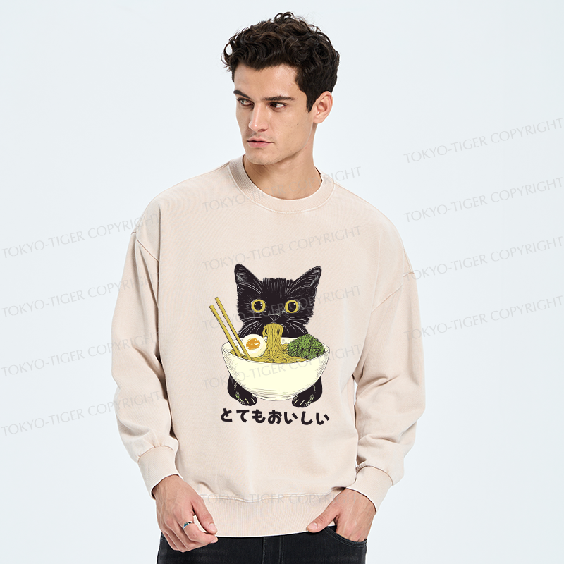 Tokyo-Tiger Ramen Lover Cute Cat Washed Sweatshirt