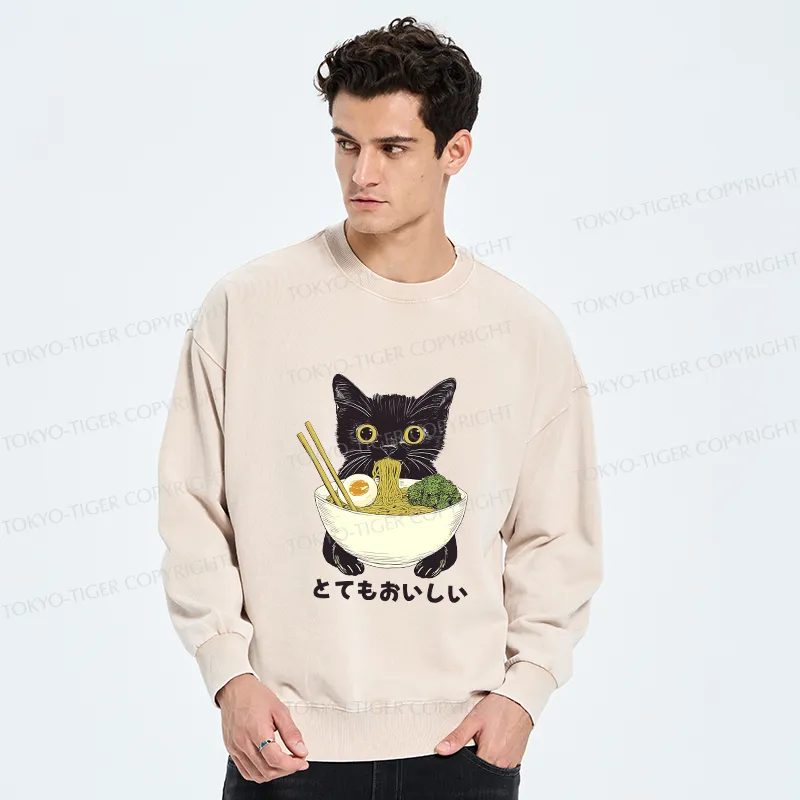 Tokyo-Tiger Ramen Lover Cute Cat Washed Sweatshirt