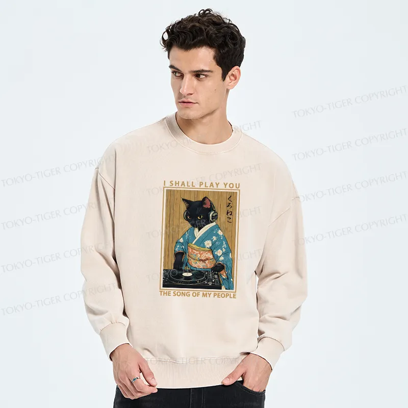 Tokyo-Tiger Funny Playing Music Black Cat Washed Sweatshirt