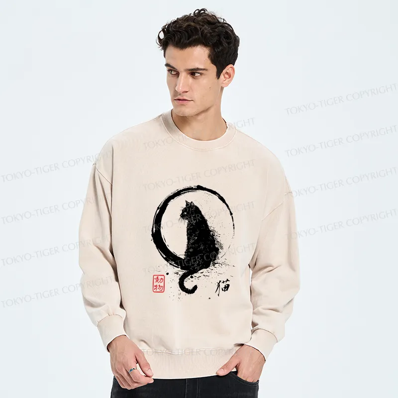 Tokyo-Tiger Retro Japanese Black Cat Washed Sweatshirt