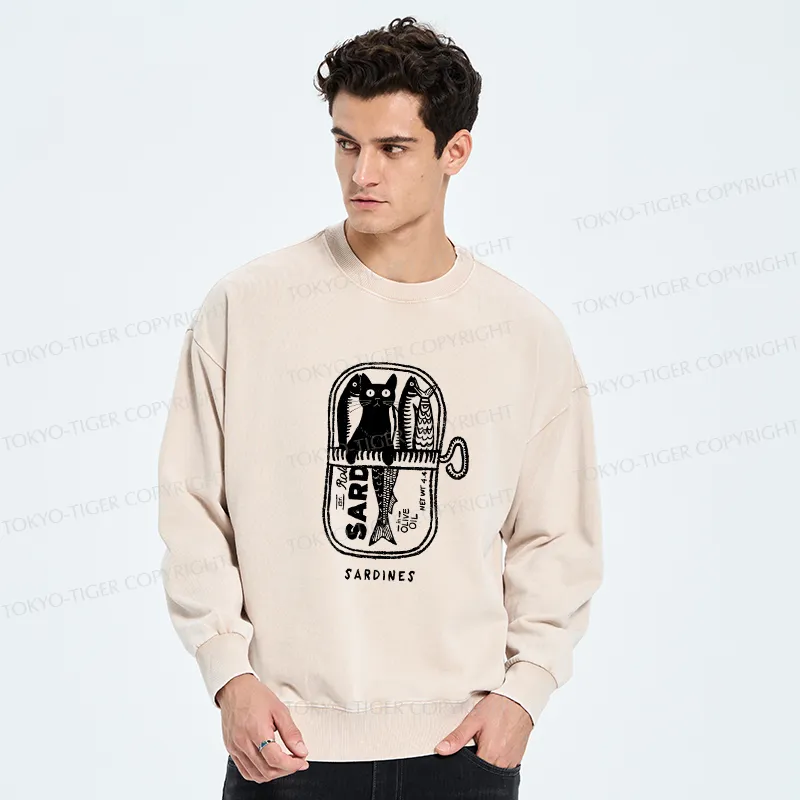 Tokyo-Tiger Cat Hiding In A Sardine Can Washed Sweatshirt