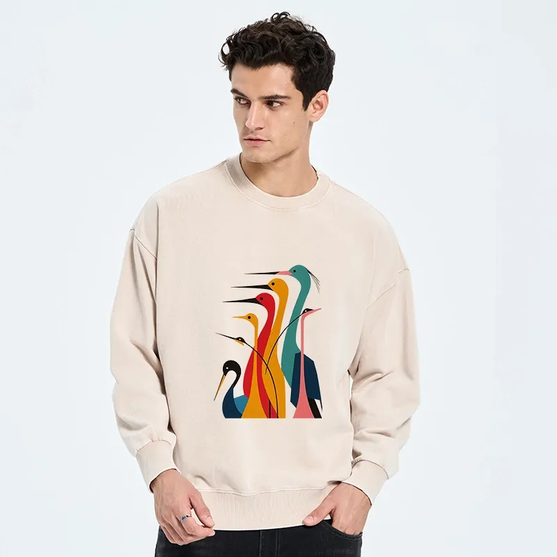 Tokyo-Tiger Various Types Of Cranes Washed Sweatshirt