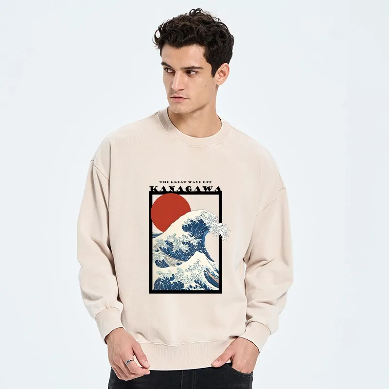 Tokyo-Tiger Minimalist Ukiyo-e Waves Washed Sweatshirt