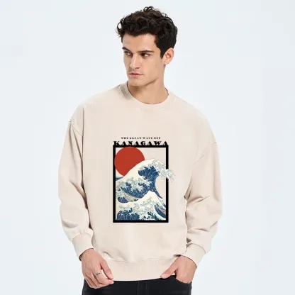 Tokyo-Tiger Minimalist Ukiyo-e Waves Washed Sweatshirt