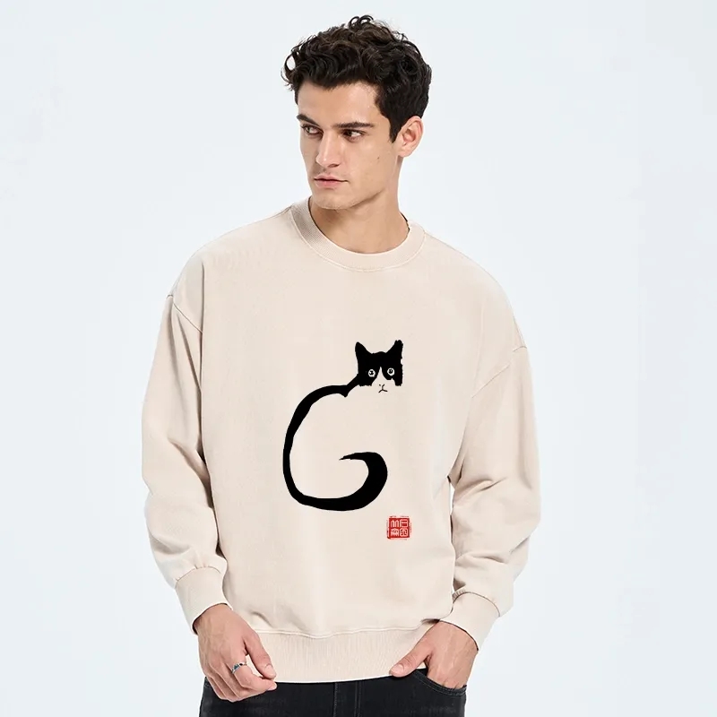 Tokyo-Tiger Calm Cat In Simple Lines Washed Sweatshirt