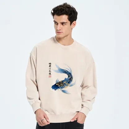 Tokyo-Tiger Elegant Koi Fish Watercolor Art Washed Sweatshirt
