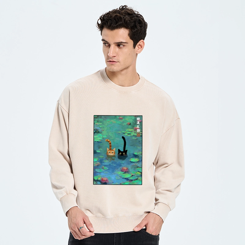 Tokyo-Tiger Funny Cats Swimming In Lilies Washed Sweatshirt
