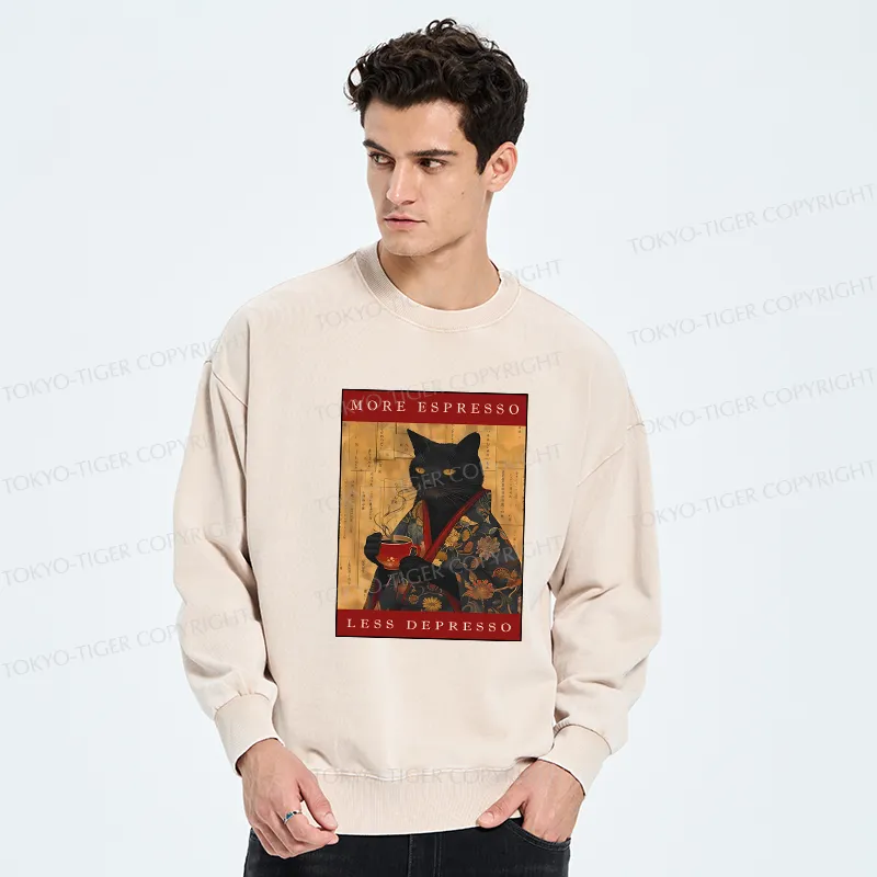 Tokyo-Tiger More Espresso Less Depresso Cat Washed Sweatshirt