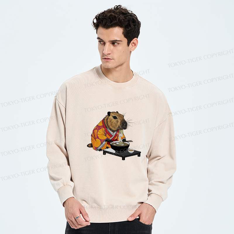 Tokyo-Tiger Cute Capybara Eating Ramen Washed Sweatshirt