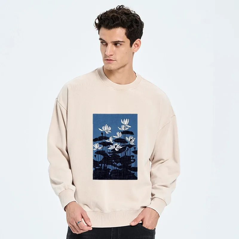Tokyo-Tiger Blue Lotus Japanese Art Washed Sweatshirt