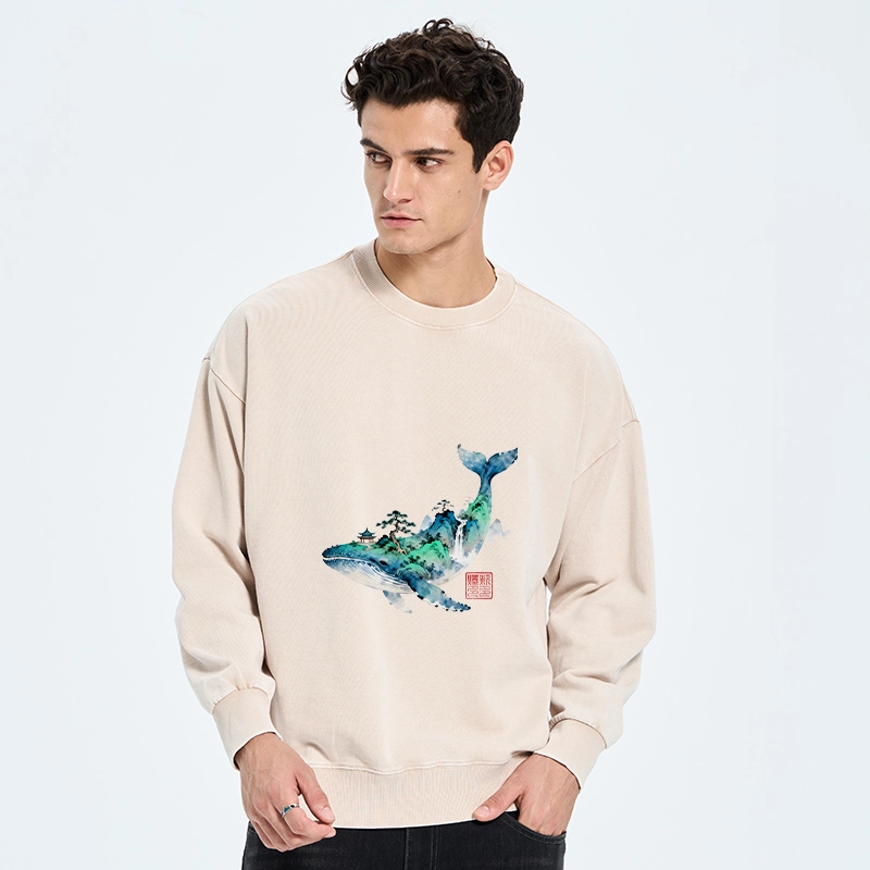 Tokyo-Tiger Whale Ink Painting Landscape Washed Sweatshirt